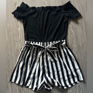 Black Off-Shoulder Top with Striped Shorts